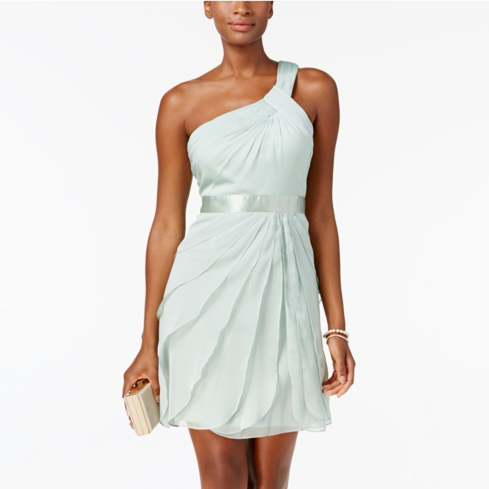 Adrianna Papell Draped One Shoulder Mint Flutter Mini Dress
